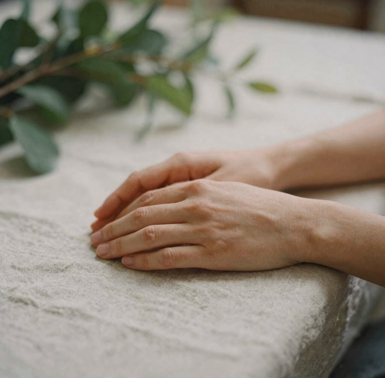 Quiet close-up of hands resting on a textured linen tablecloth next to soft-focus green foliage, warm editorial photography, soft diffused morning light, muted earth tones, shallow depth of field, 35mm film aesthetic.