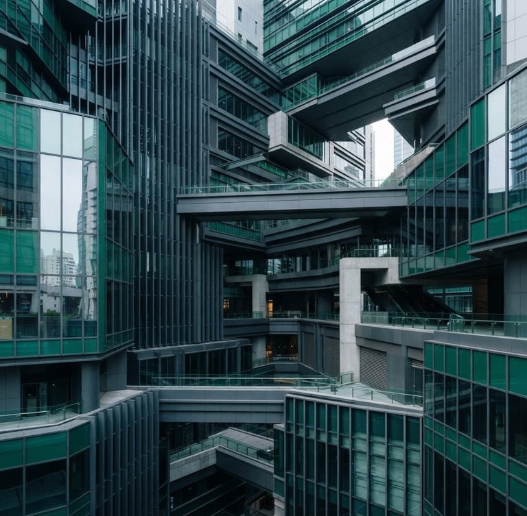 Abstract geometric rendering of structured financial layers, cool natural daylight, slate-gray and sharp emerald tones, high clarity, architectural precision, 35mm