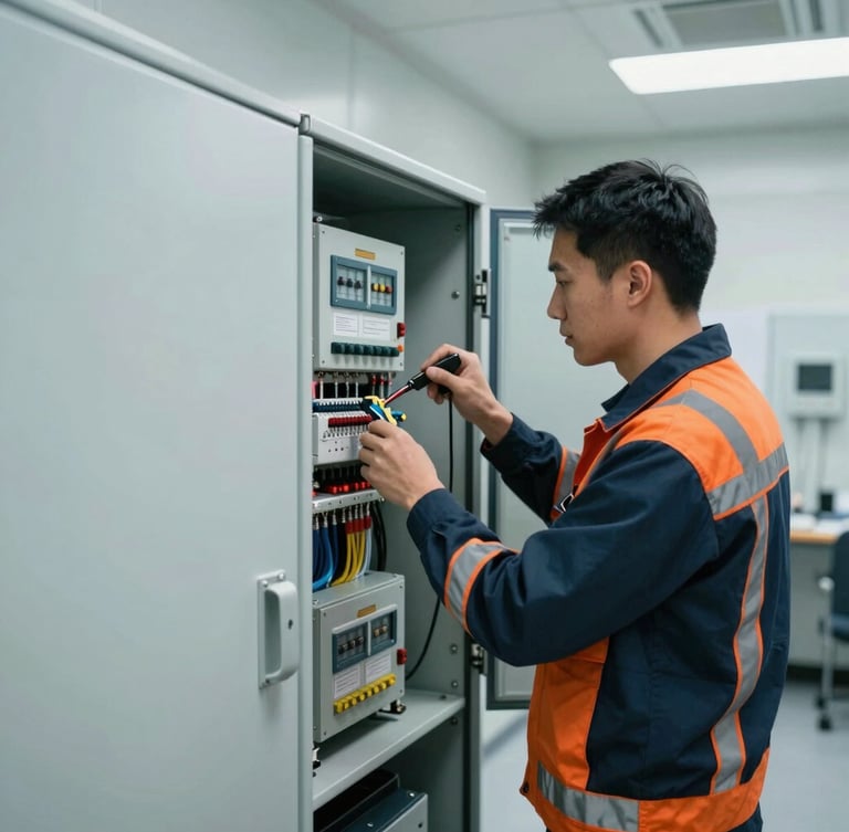Medium-wide shot of a skilled INERSERV technician, wearing branded workwear, meticulously working on a complex commercial HVAC control panel in a clean utility room, hands on tools, industrial editorial photography, clean indoor utility room lighting, cool slate and safety orange tones, sharp focus, 35mm.