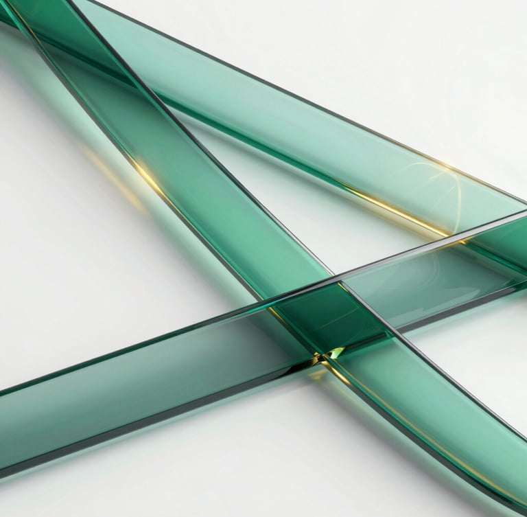 A close-up 3D render of fluid glass ribbons reflecting emerald and gold light, soft studio lighting, clean isometric composition, high resolution