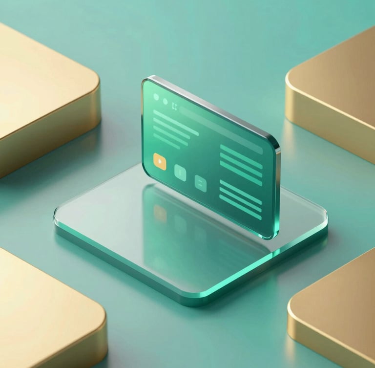 Isometric view of a high-end digital interface displayed on a sleek glass screen, surrounded by abstract metallic gold shapes reflecting soft teal light, studio setup