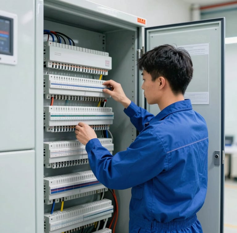Professional uniformed technician working on a clean, organized electrical distribution board, crisp commercial photography, bright daylight, sharp focus, professional technical equipment, medium-wide environmental shot