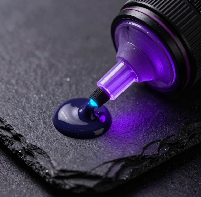 Extreme macro studio close-up of liquid UV ink curing under a sharp violet light strip on dark textured slate, ultra-detailed texture, 50mm lens, vivid violet accent.