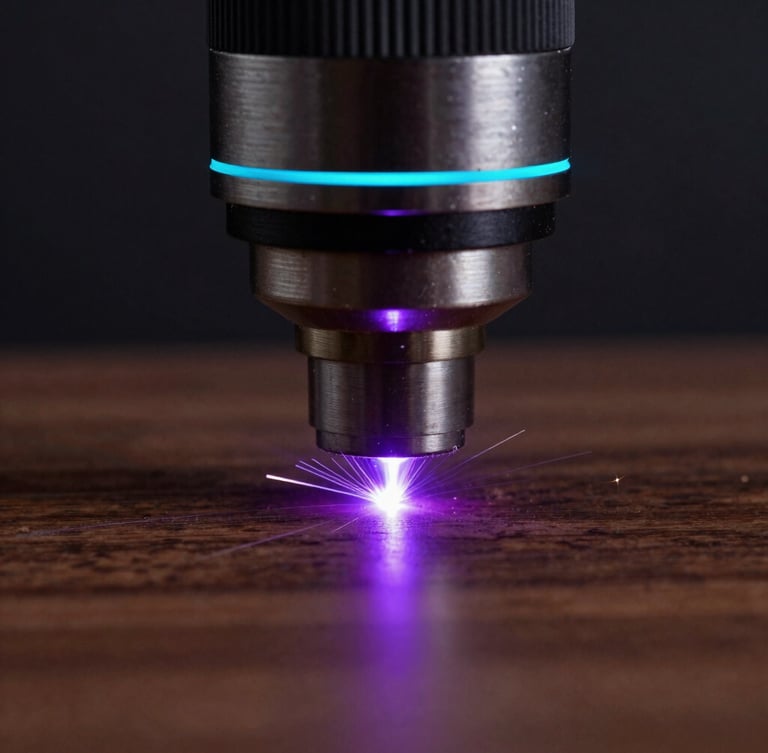 Extreme close-up of a high-power laser head cutting dark walnut wood, bright purple sparks, crisp edges, dark studio background, 50mm lens