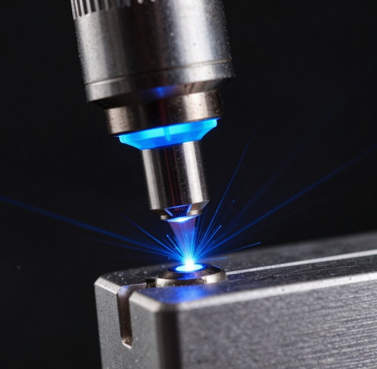 Extreme macro close-up of a high-power laser head cutting anodized aluminum, sharp blue sparks flying, dark studio background, vivid laser-cyan accents, ultra-detailed texture