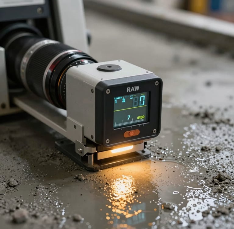 Close-up of a digital laser receiver mounted on a concrete screed machine, displaying millimeter precision metrics, sharp focus, dramatic industrial lighting with golden reflections on wet concrete.
