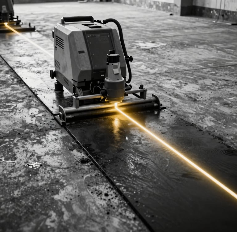 High-contrast black and white wide shot of a laser screed machine operating on a massive concrete floor, golden laser lines projected across the wet slab.