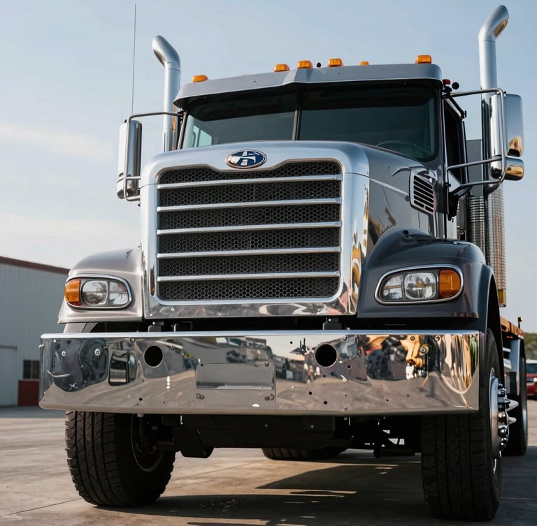 Portrait shot of a heavy-duty flatbed truck's front grill and bumper, clean and well-maintained, with chrome accents reflecting hard, high-contrast daylight. The truck is parked at the Red Oak facility, emphasizing rugged, real-world reliability, industrial editorial photography, sharp details, 35mm lens, low-angle shot