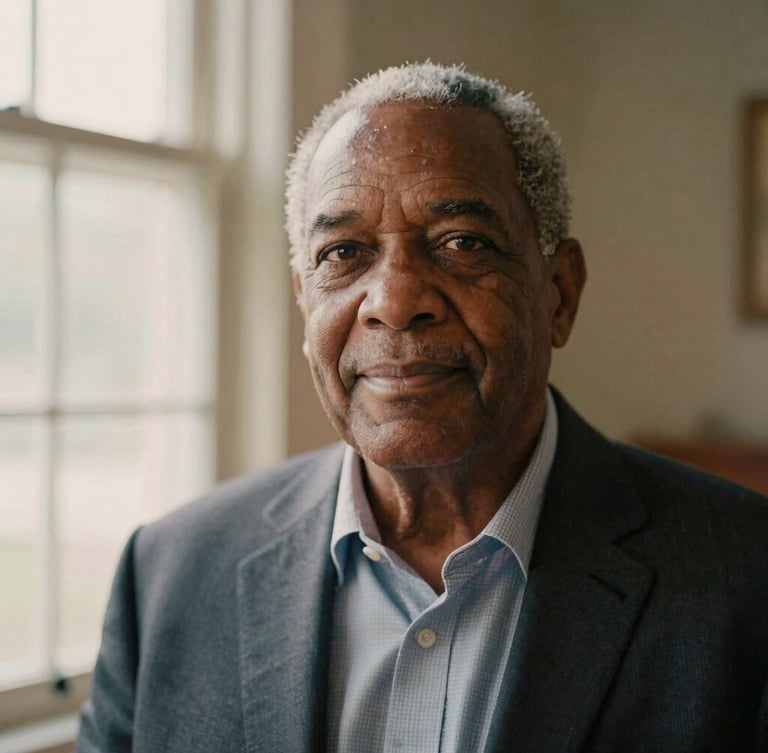 Authentic portrait of Richard Brown Jr., a veteran and healthcare leader, in soft morning light, warm editorial photography style, shallow depth of field.