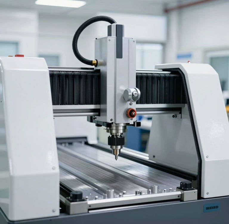 Close-up of high-precision CNC machinery on a bright, clean factory floor, natural daylight, sharp focus, 35mm architectural lens