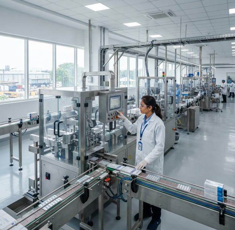 Bright high-precision architectural photo of a modern automated pharmaceutical packaging factory floor in India, stainless steel machinery, clean room environment, professional engineer in uniform inspecting components, natural daylight.