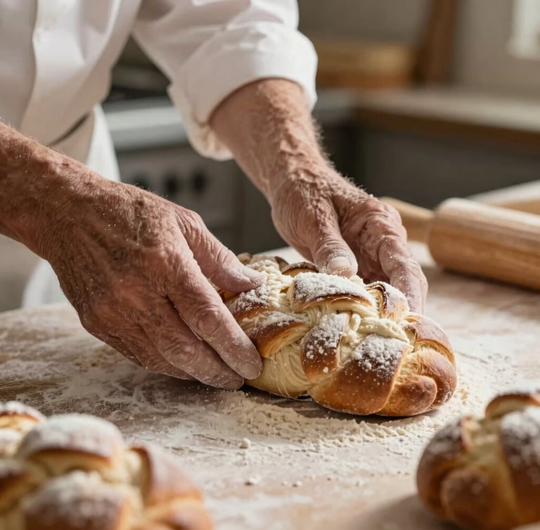 Close-up of an elderly artisan baker's hands dusting flour over traditional braided sweet bread, soft morning side-light, warm kitchen background