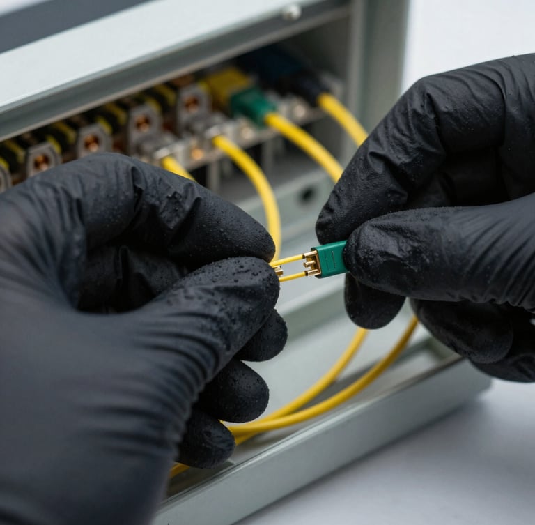 Tight macro shot of a technician's hands wearing clean black ESD gloves, carefully routing a thin yellow fiber optic patch cable inside an indoor termination box.