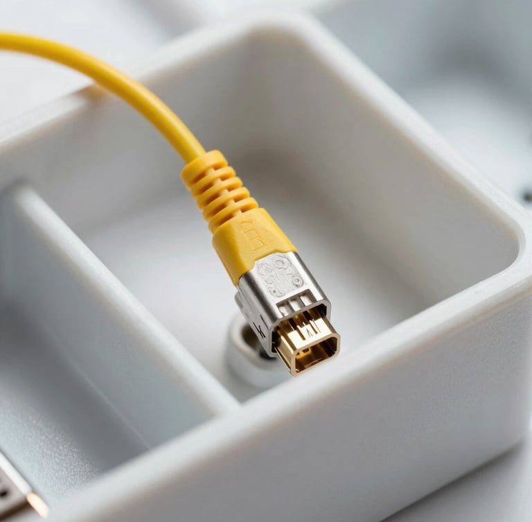Tight macro shot of a yellow fiber optic patch cord being clicked into a clean white indoor termination box, bright natural lighting, precise alignment.