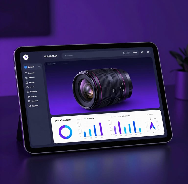 Sleek dark-mode technology photography, neon purple ambient lighting, high-fidelity UI mockup of a modern business dashboard on a tablet, 35mm lens