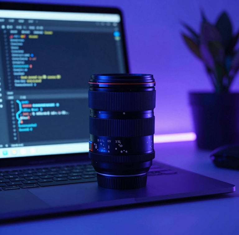 Sleek dark-mode technology photography, neon blue ambient lighting, close-up of high-tech workspace with clean code editor on screen, 35mm lens