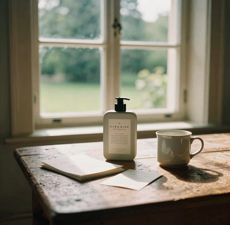 An editorial medium shot of a historic country house window with soft morning light spilling onto a rustic wooden table with tactile brand assets and a ceramic mug, warm tones, 35mm look