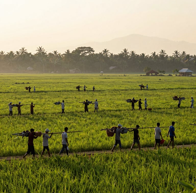 Foto lanskap sawah hijau Desa Mekarwangi di pagi hari, siluet warga berjalan bergotong royong membawa peralatan pertanian, cahaya matahari pagi yang hangat.