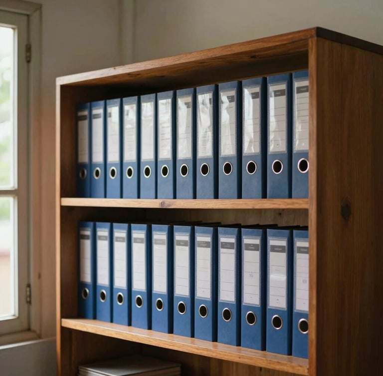 A simple, clean wooden shelf inside an Indonesian village office containing neat rows of official binders, natural light from a side window.