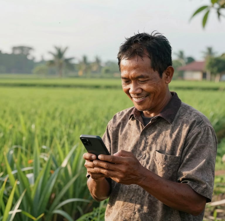 A warm environmental shot of a local Indonesian villager smiling while looking at their smartphone in front of a green agricultural field, bright natural daylight.