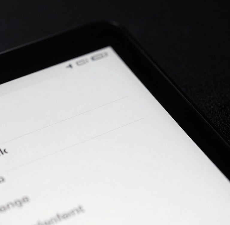 Extreme close-up macro shot of a physical Android screen running a minimalist black and white e-ink interface. High contrast, sharp shadows, low-key studio lighting.