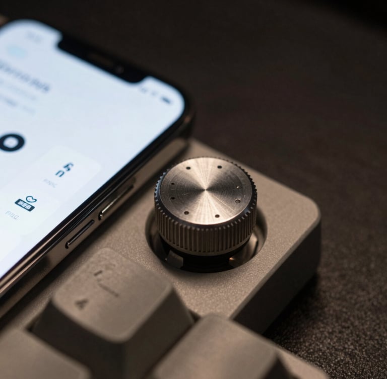 Macro photograph of a mechanical keyboard dial next to a smartphone displaying minimalist terminal-style widgets, low-key dramatic lighting, sharp shadows