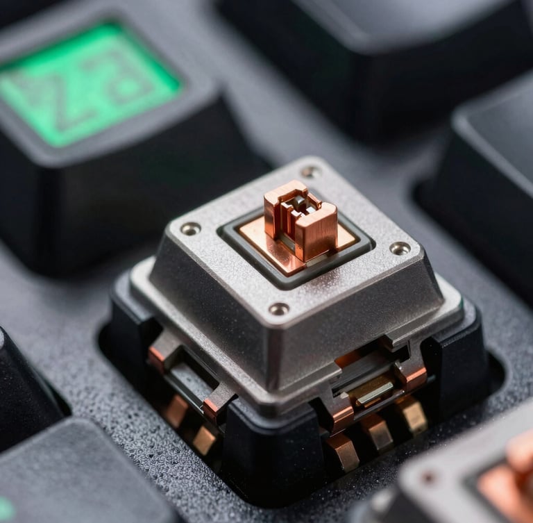 Extreme macro close-up of a high-end mechanical keyboard switch, metallic copper contacts, sharp industrial shadows, illuminated by a cold green terminal screen.