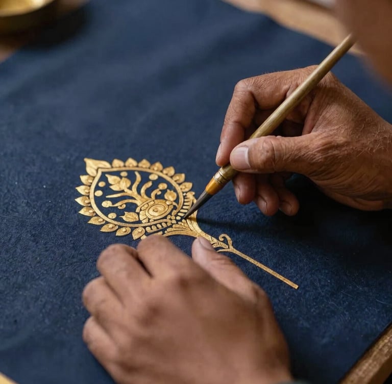 A close-up of a craftsman's hands carefully painting a traditional Indian motif with a fine brush, soft warm side-lighting, deep navy background.