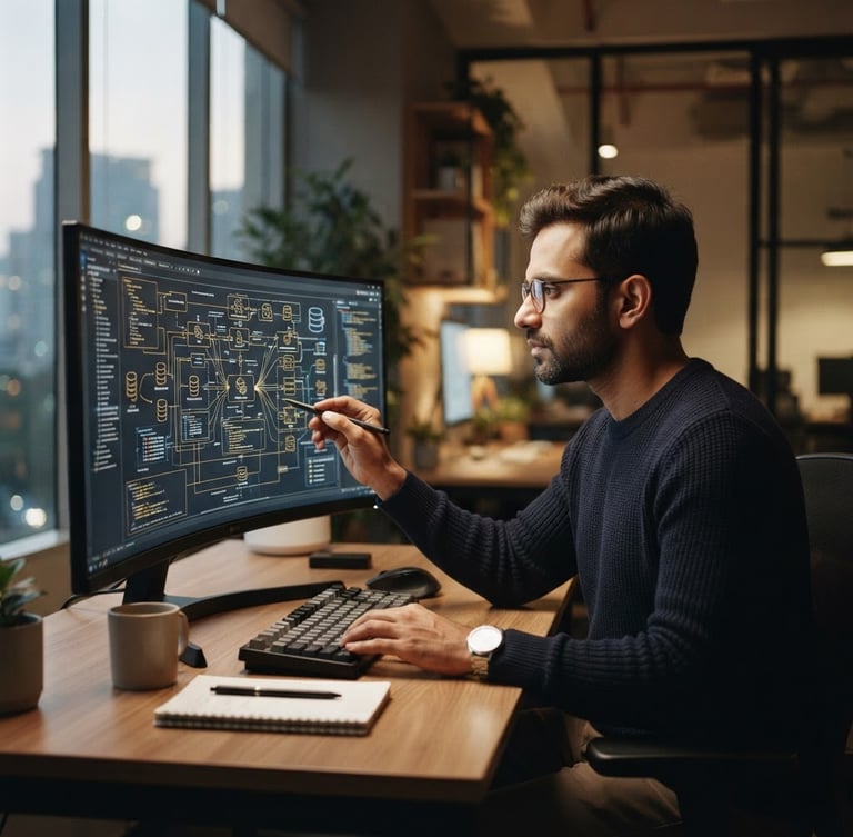 A focused software architect working on complex code diagrams on a large screen in a quiet, modern Bengaluru office, warm natural side-lighting, 35mm