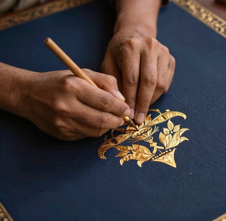A close-up of hands applying gold leaf to a traditional Indian painting, warm side-lighting, deep navy background, 35mm photography.