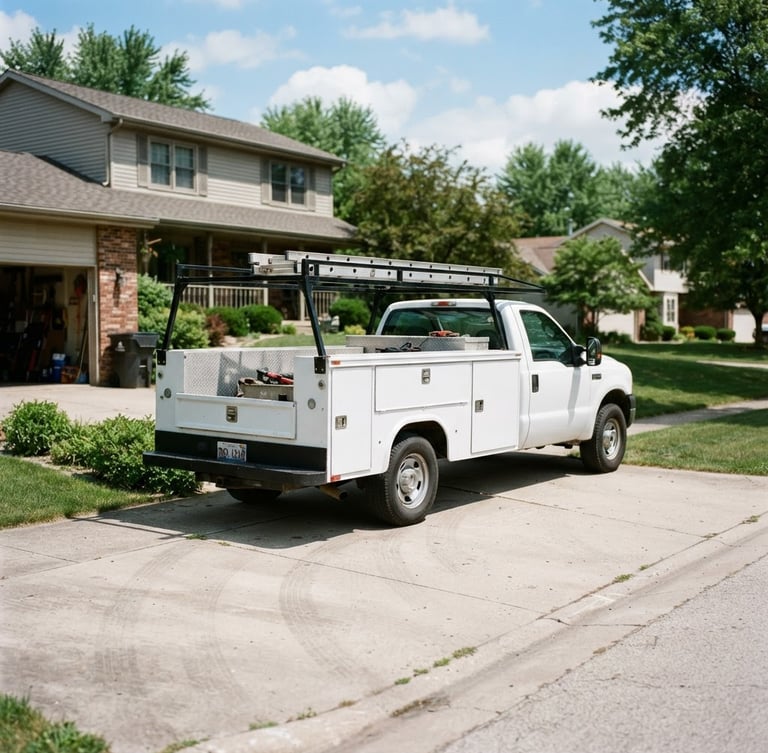 A clean service truck parked in a Galesburg residential driveway, bright natural daylight, crisp commercial photography, 35mm lens.