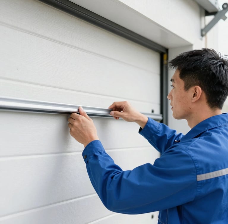 A professional technician in a clean uniform working on-site, adjusting a garage door track, bright natural daylight, sharp focus, 35mm lens.