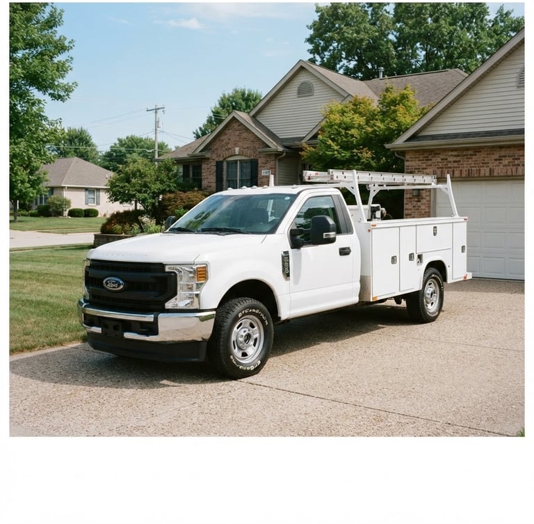 A clean professional service truck parked in a Galesburg residential driveway, bright natural daylight, crisp commercial photography, 35mm lens