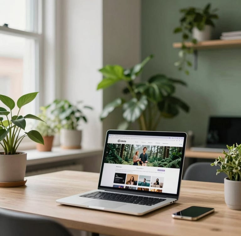 Warm daylight-filled Scandinavian office interior with green plants, a clean laptop screen showing an active social media campaign, rich forest green accents, soft natural light, 35mm lens