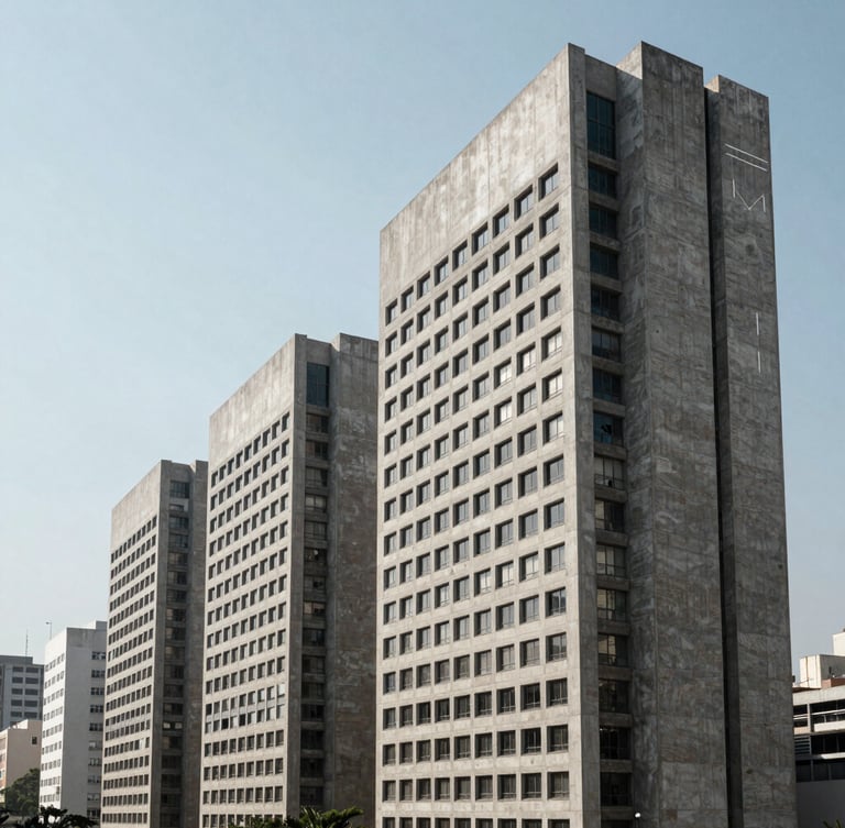 Wide panoramic view of clean modern corporate architecture in São Paulo, sharp concrete lines, high contrast cool daylight, negative space on the left.