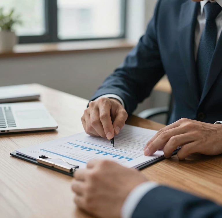 Close-up of a professional consultant in a cool-toned, natural daylight office, analyzing a physical financial report on a wooden desk, unposed, sharp focus.