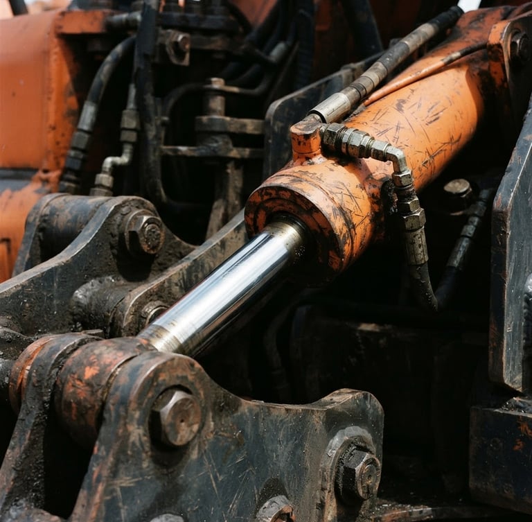 Close-up of heavy machinery hydraulic arm, sharp metallic highlights, deep charcoal and construction orange tones, industrial macro photography, high-contrast daylight, 35mm.