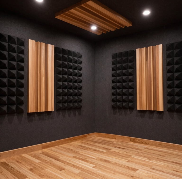 Wide-angle architectural photography of a professional recording studio, showcasing geometric acoustic diffusers on deep charcoal walls, warm ambient wooden highlights, clean sharp lighting