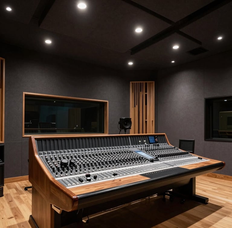 Architectural photography of a high-end recording studio control room, deep charcoal acoustic diffusers on the wall, warm wood mixing console, sharp high-contrast architectural lighting, wide-angle lens