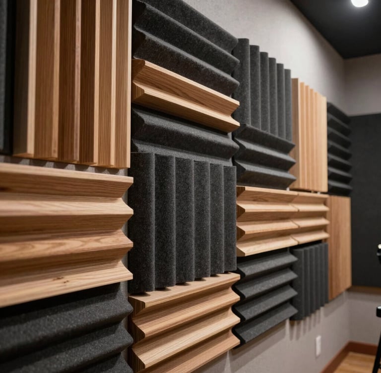 Architectural detail of custom acoustic wall panels in a studio, showing layered wooden diffusers and charcoal fabric absorbers, high-contrast side lighting, technical precision.