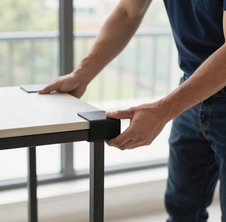 Detailed close-up of a professional mover's hands securing a protective corner guard onto a modern designer console table, soft natural window light, sharp focus.