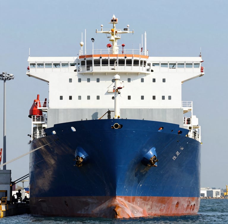 Straight-on industrial composition of a massive cargo ship docked at a modern terminal, bright daylight, high-contrast blue and metallic tones, sharp details
