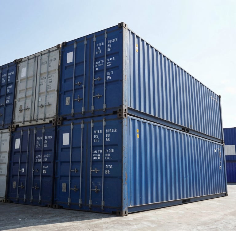Sharp industrial photography of a modern shipping container terminal in Guatemala, bright daylight, high-contrast blue and metallic tones, wide-angle lens, crisp details