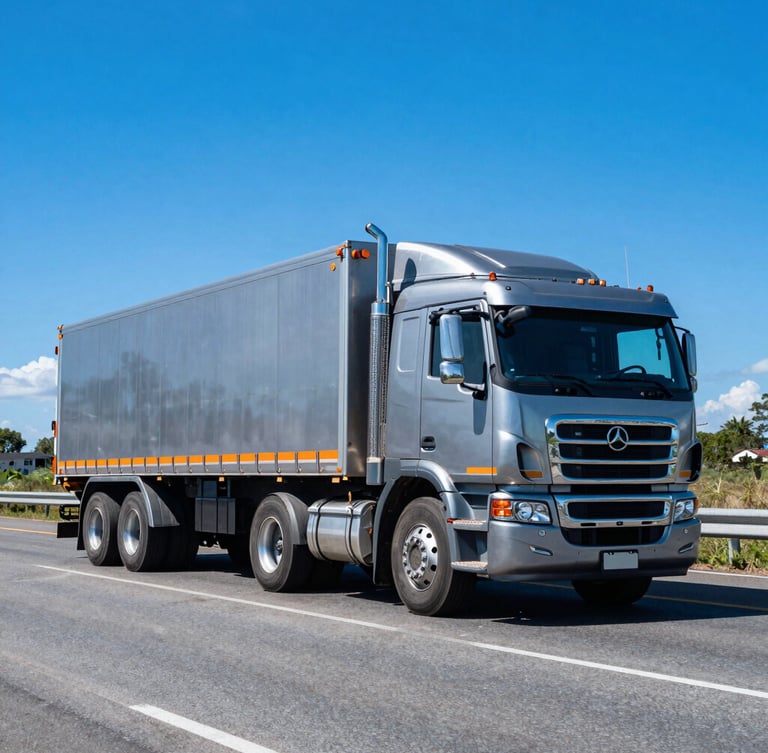 Wide-angle shot of a modern heavy-duty cargo truck driving on a clean Guatemalan highway, bright daylight, high-contrast metallic surfaces, deep blue sky, safety orange detailing on the vehicle.