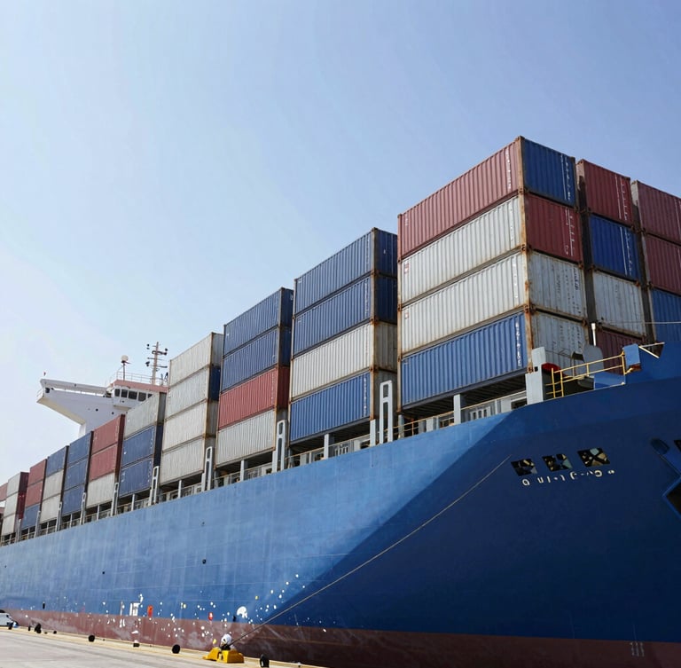 Wide-angle industrial shot of a massive blue container ship docked at Puerto Quetzal during bright daylight, high-contrast metallic surfaces, sharp details