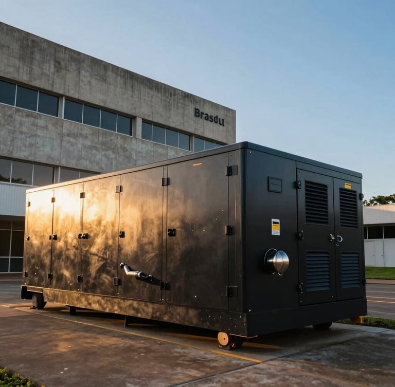 Wide-angle side view of a large, pristine matte-black mobile generator group parked outside a modern concrete hospital wing in Brasília. Golden hour light glints off the metallic exhaust and technical control panels. Expansive blue sky in the background.