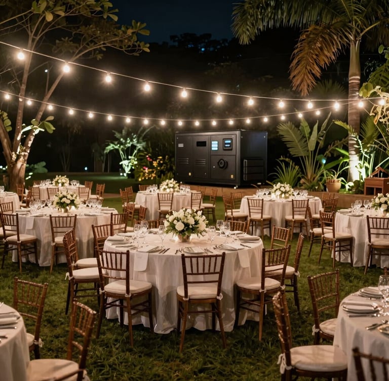 Wide panoramic shot of a high-end outdoor wedding reception at night in Brasília, warm string lights illuminating the garden, a modern matte black silent generator group integrated discreetly into the background foliage.