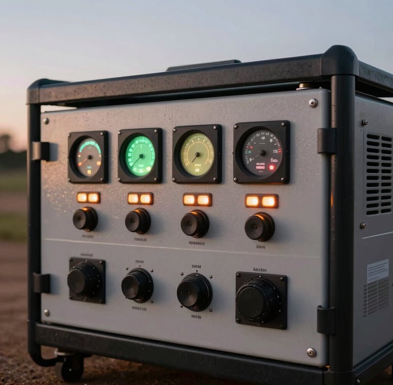 Close-up of a pristine, heavy-duty mobile generator control panel with glowing digital telemetry indicators, shot during twilight in Brasília.