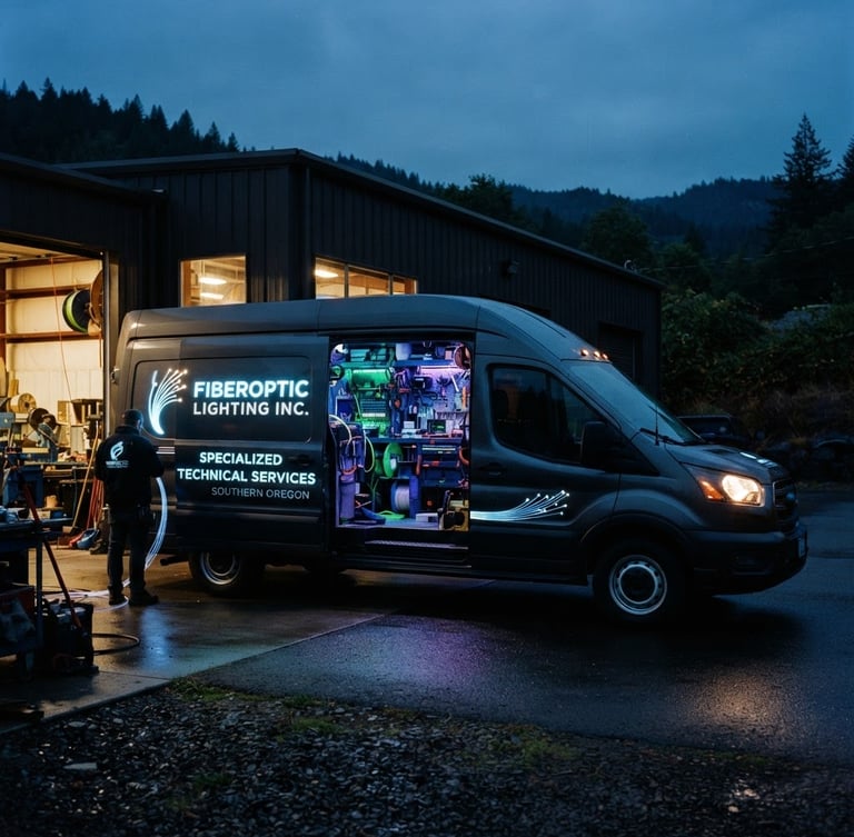 Daylight shot of a branded FIBEROPTIC LIGHTING INC service vehicle parked outside our technical workshop in Southern Oregon, clean industrial setting, sharp details, 35mm