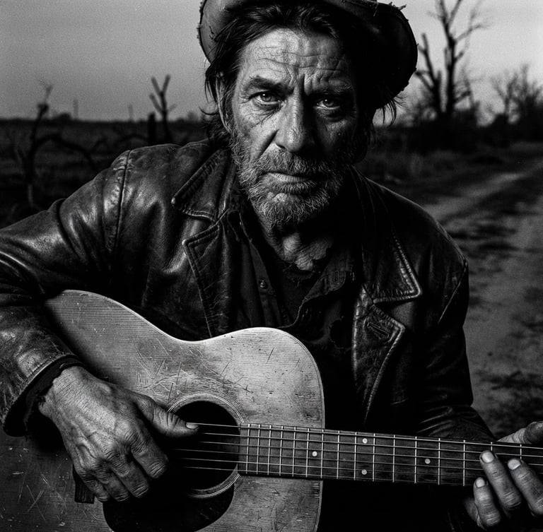 Gritty black and white close-up portrait of a musician in a desolate southern landscape, harsh low-light, deep shadows, 35mm film grain.